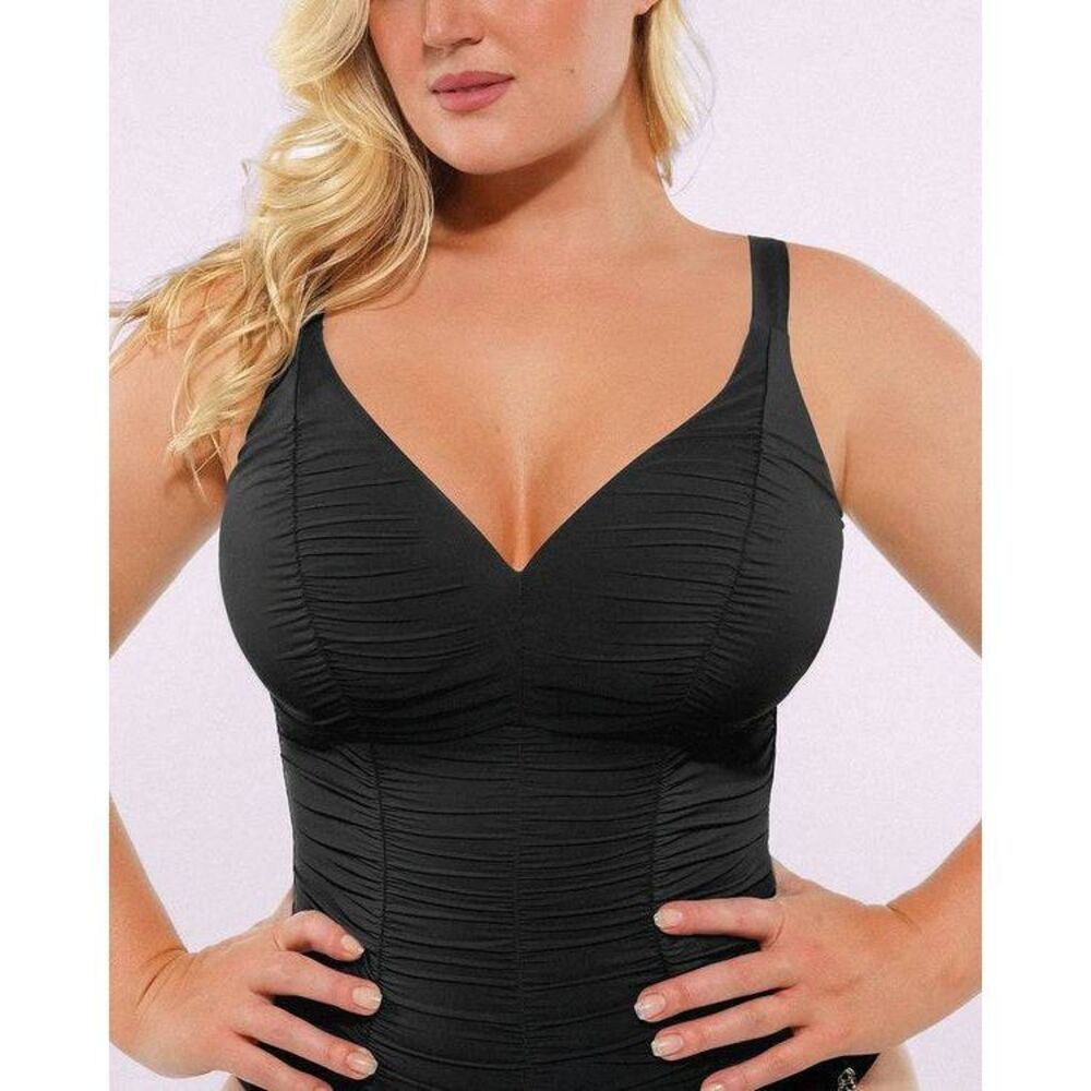 Shapellx Black Ruched V-Neck Swimsuit Tummy Control Shaping Women's Large - Picture 9 of 12